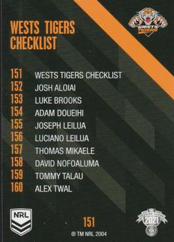 2021 NRL Traders #151 Wests Tigers Checklist Back
